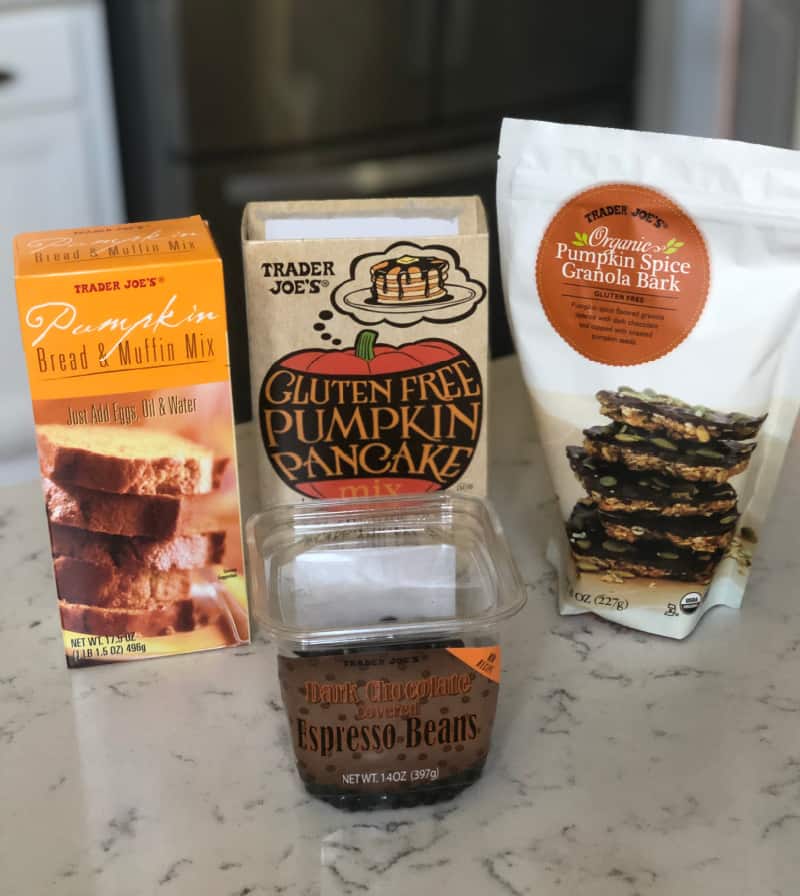 Pumpkin bread muffin mix, Gluten free pumpkin pancake mix, organic pumpkin spice granola bark, and dark chocolate covered espresso beans