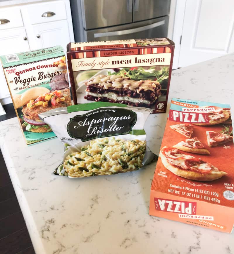 Frozen pepperoni pizzas, meat lasagna, asparagus risotto, and veggie burgers