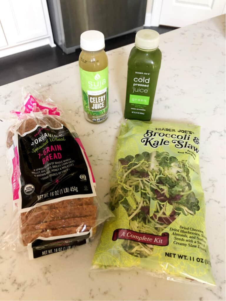 Sprouted grain bread, celery juice, green juice, and broccoli/kale slaw salad