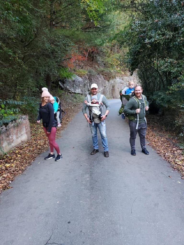 Megan, Joey, and Jamey all carrying babies on our hike