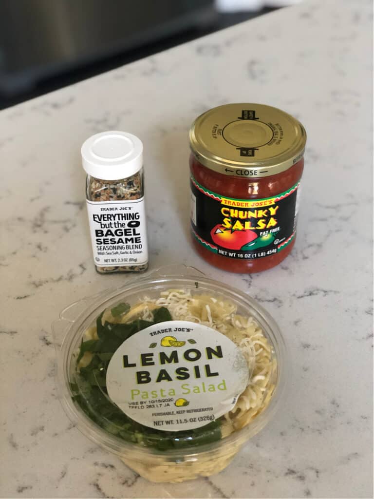 Everything but the bagel seasoning, chunky salsa, and lemon basil pasta salad