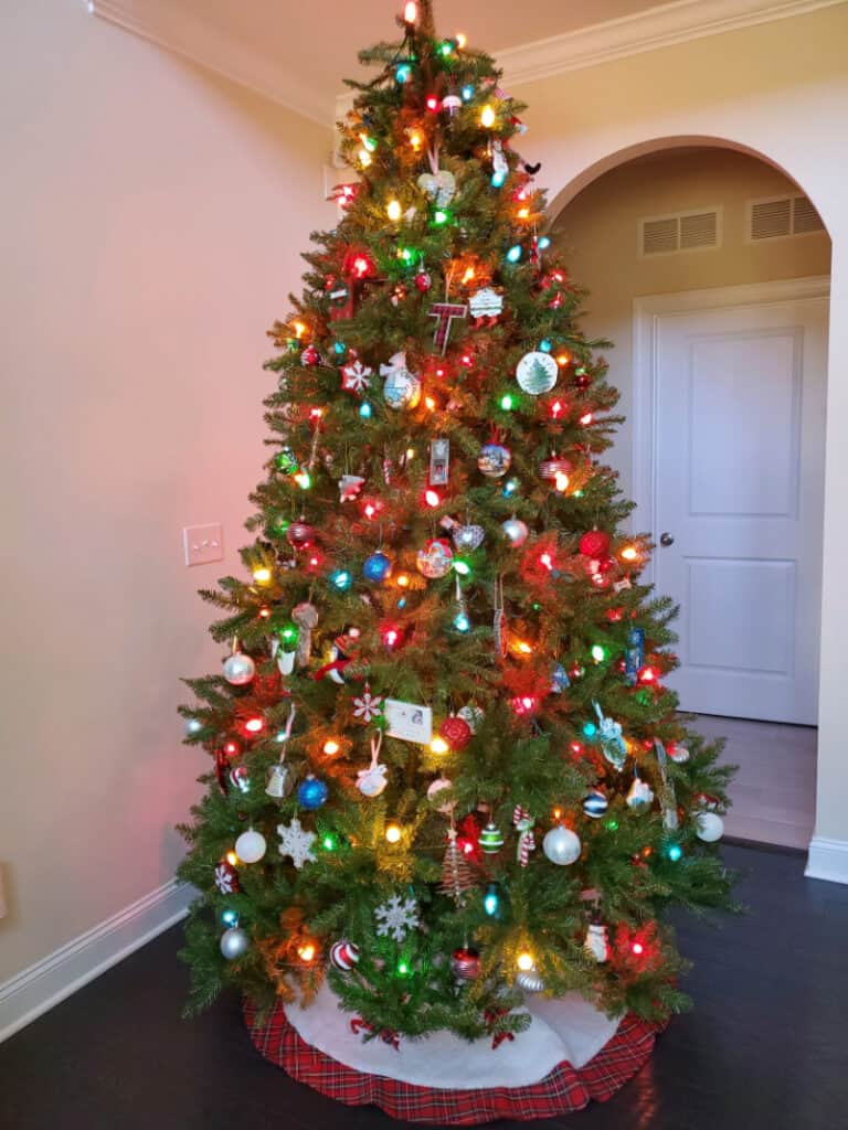Fully decorated Christmas tree with colored lights