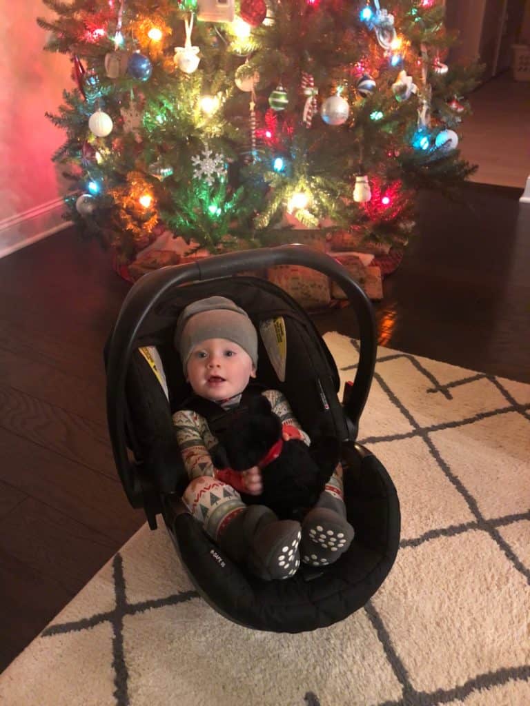 Jacob in his car seat by the tree