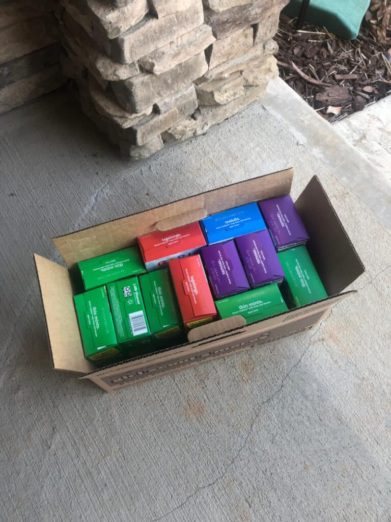 Box of girl scout cookies on the front porch